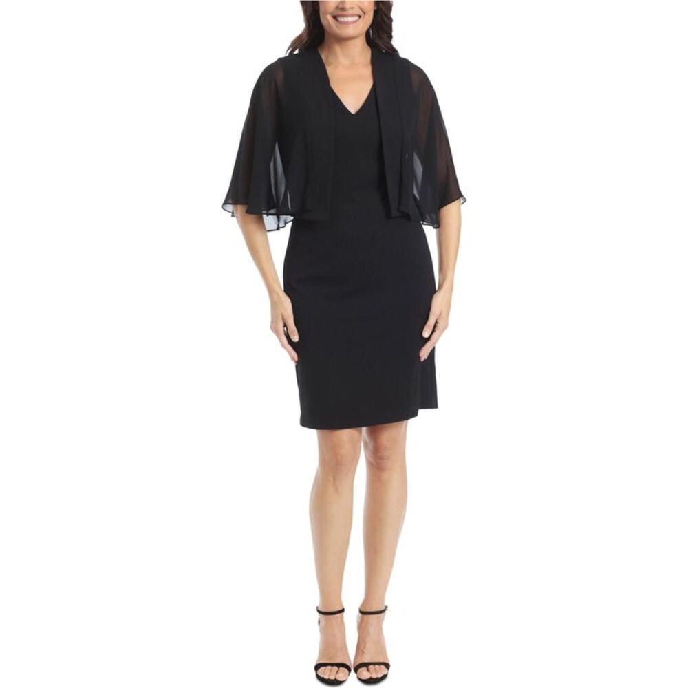 LONDON TIMES Womens 2 Piece Capelet Sheath Dress, Black, Petite, 8P, MP